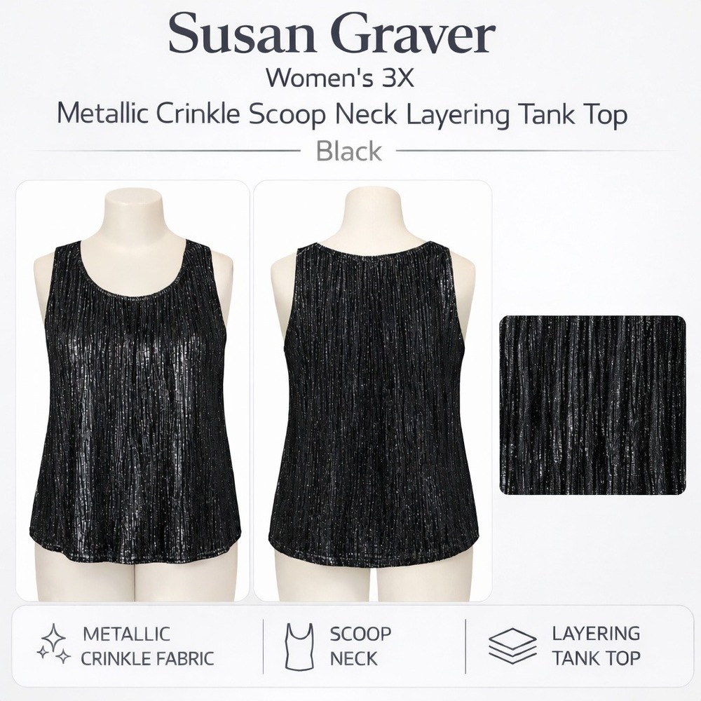 Susan Graver Womens 3X Metallic Crinkle Scoop Layering Tank Top Black A94237